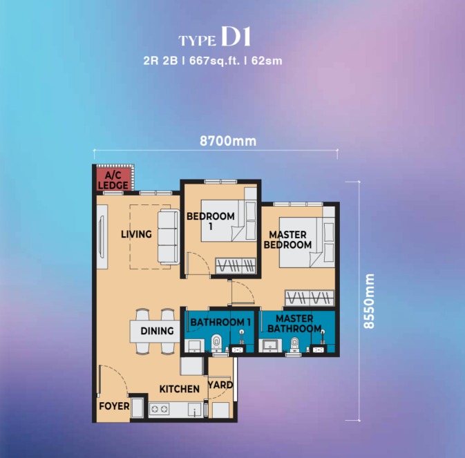 Brixton, Causewayz Square Type D1 floor plan — 568 sq ft, 1 bedrooms