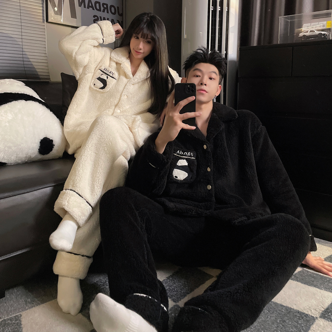Lined Flannel Loungewear Set for Couples with Zipper