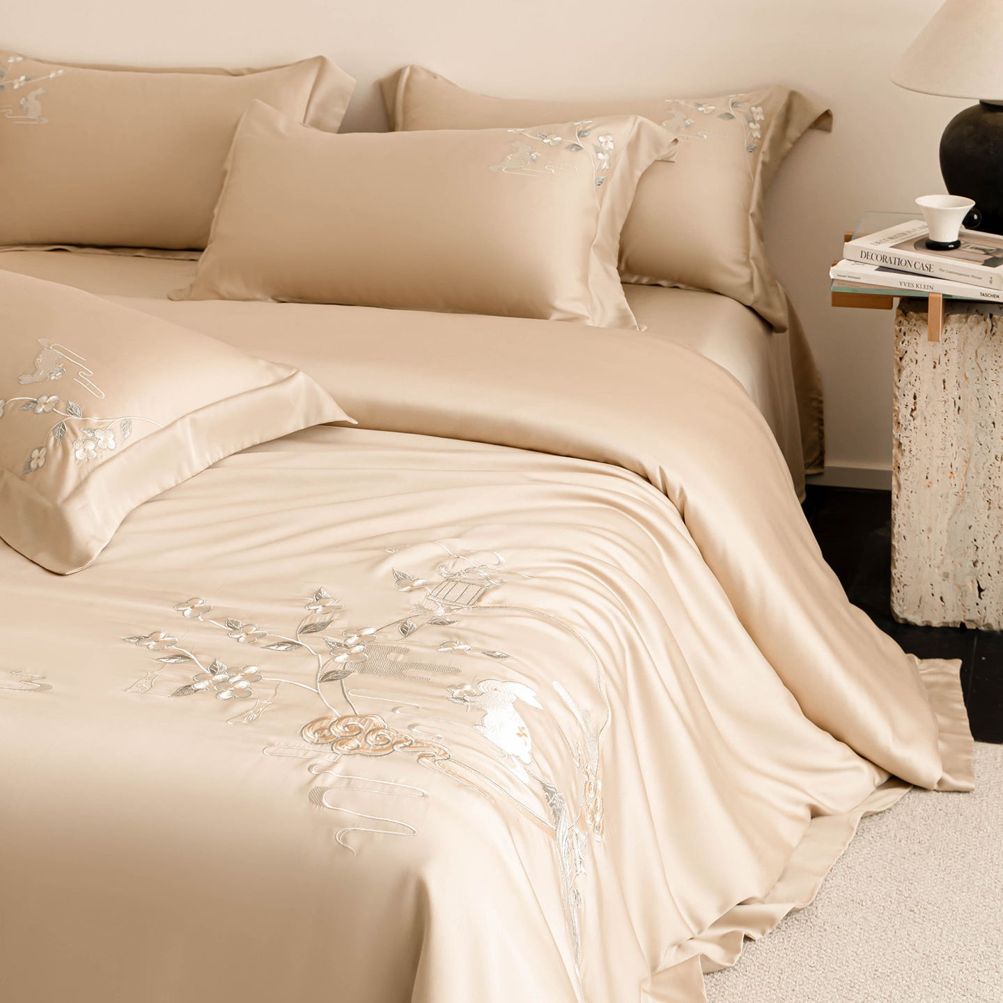 Cotton bed linen 4-piece, embroidery, floral pattern