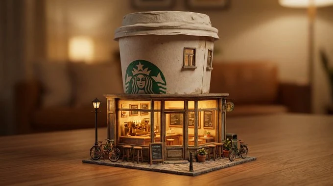 Escena urbana en miniatura de ensueño con [PRODUCTO DE MARCA] de gran tamaño como una encantadora cafetería.
