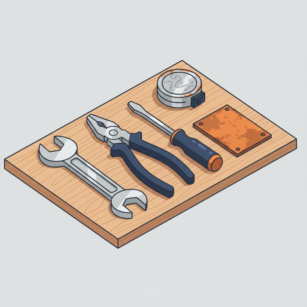 Minimalistische 2D-Vektor-Nahaufnahme einer Werkbank mit Werkzeugen, graviertem Maßband und Cortenstahl-Werkstattschild – fokus auf Materialdetails; geschenkideen handwerker