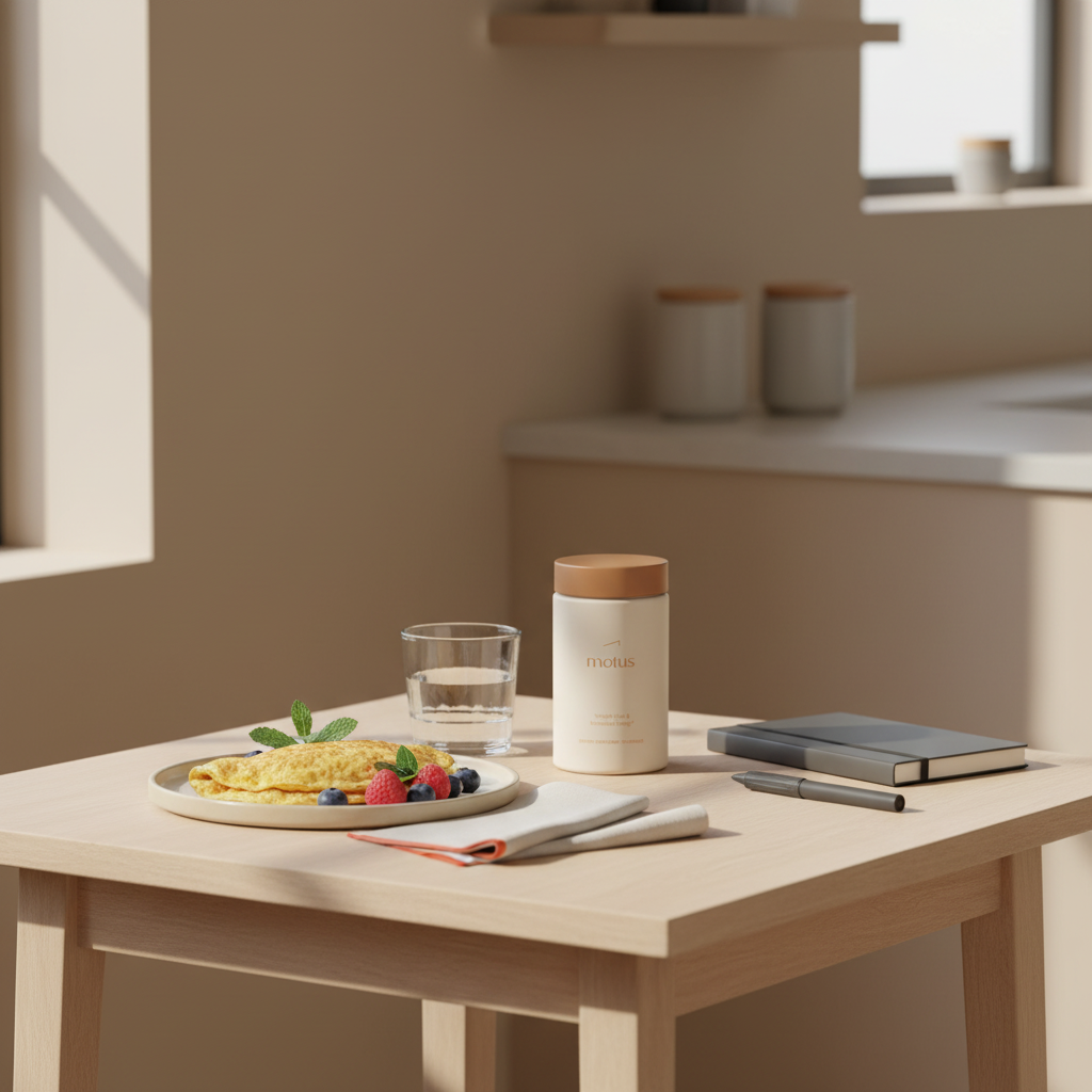 Motus supplement jar on a wooden breakfast table with omelet, berries, glass of water and notebook in a minimalist Tonum morning scene for a 14 day hormone reset
