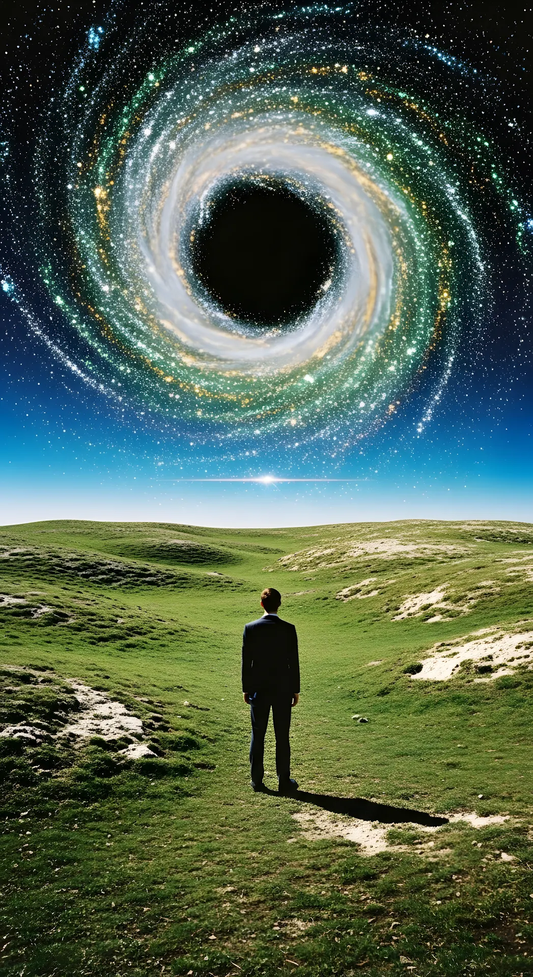 Businessman Gazing at Cosmic Vortex Over Green Landscape - Free 4K mobile Wallpaper