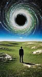 Businessman Gazing at Cosmic Vortex Over Green Landscape