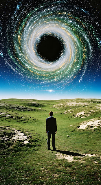Businessman Gazing at Cosmic Vortex Over Green Landscape - Free mobile Wallpaper