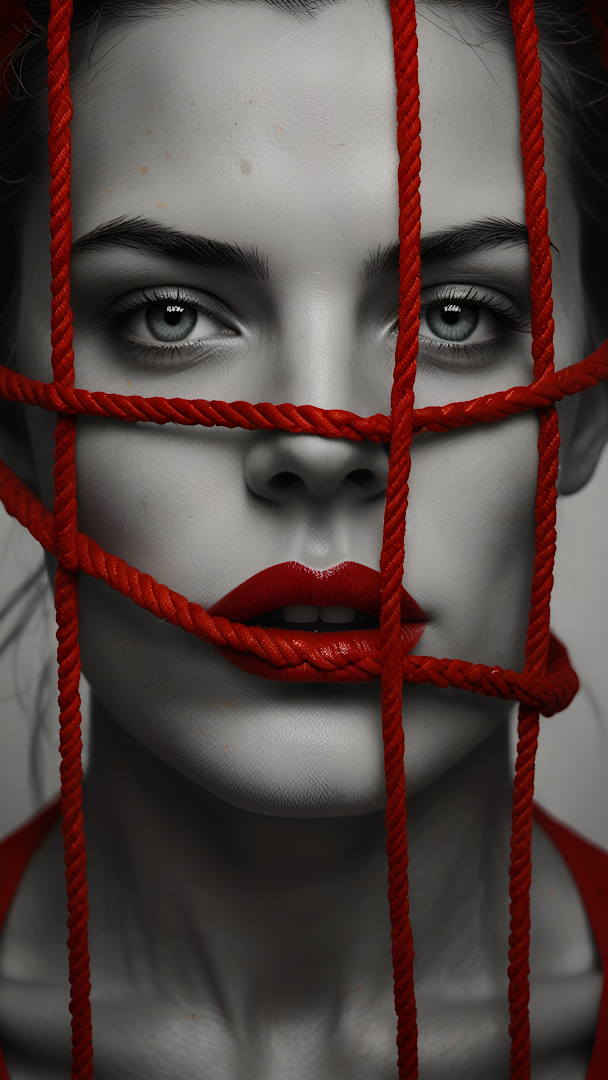 Woman with Red Rope Binding Face in Monochrome
