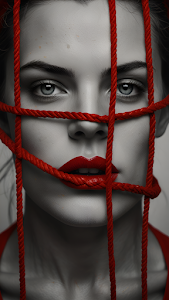 Woman with Red Rope Binding Face in Monochrome
