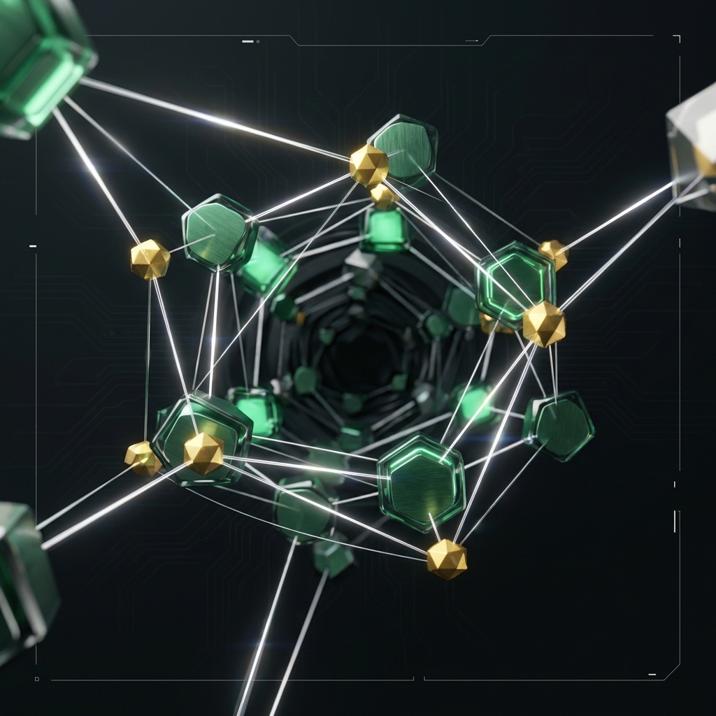 Close up stylized view of blockchain nodes and connecting lines receding into a darker core in Finance Police colors clean minimalist composition why is crypto crashing