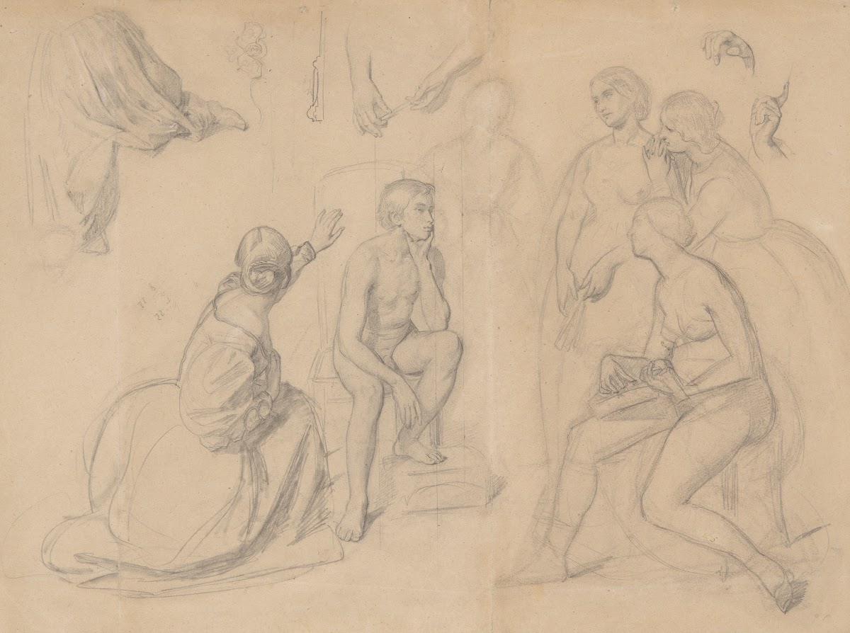 Fragment of composition with the prince figure and the ladies gathered around hi