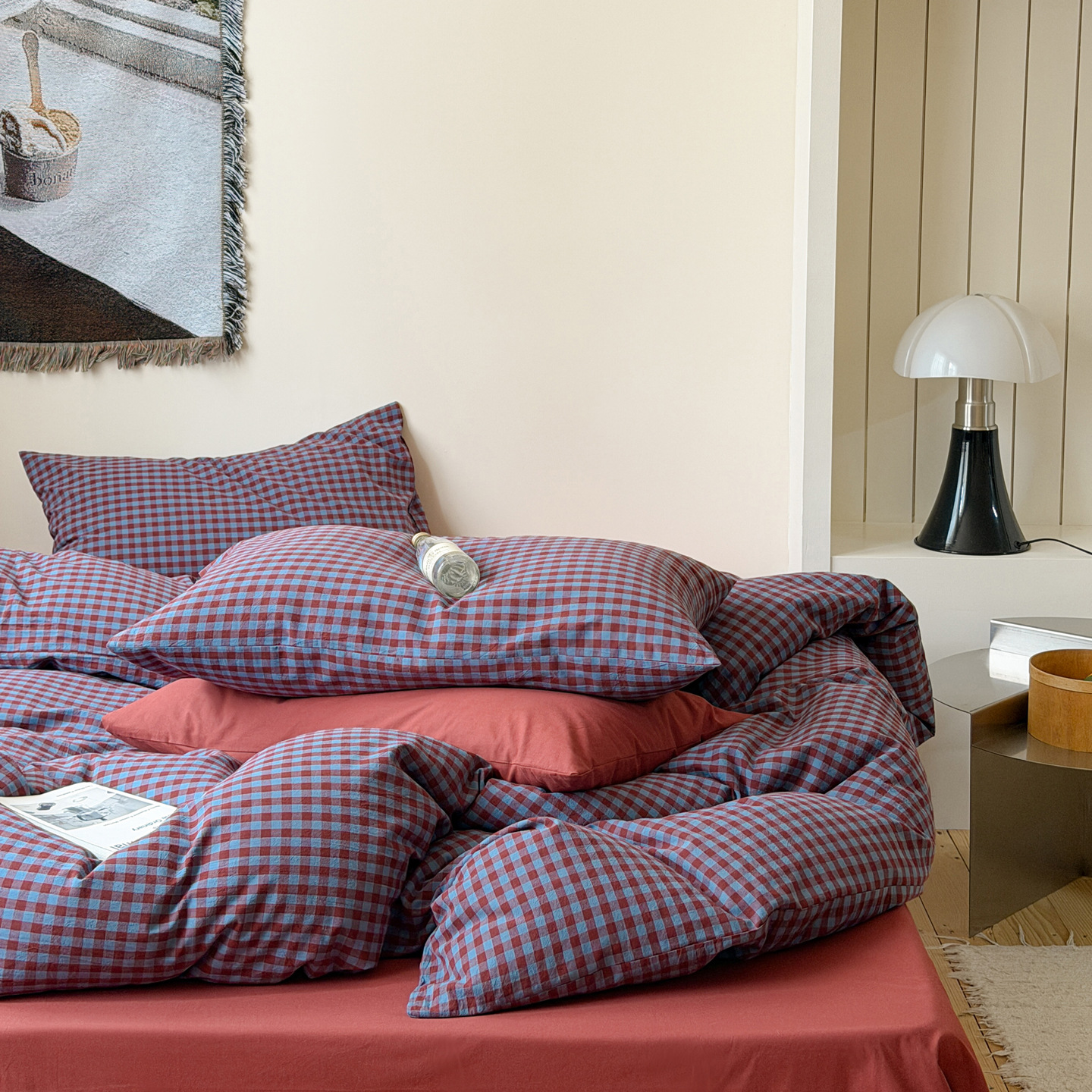 Water-washed cotton bed linen, 4-piece, check
