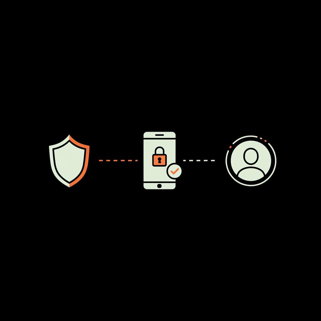 Minimal 2D vector infographic to reactivate Facebook page showing a shield, two-factor authentication smartphone icon, and a backup admin avatar silhouette on black background.