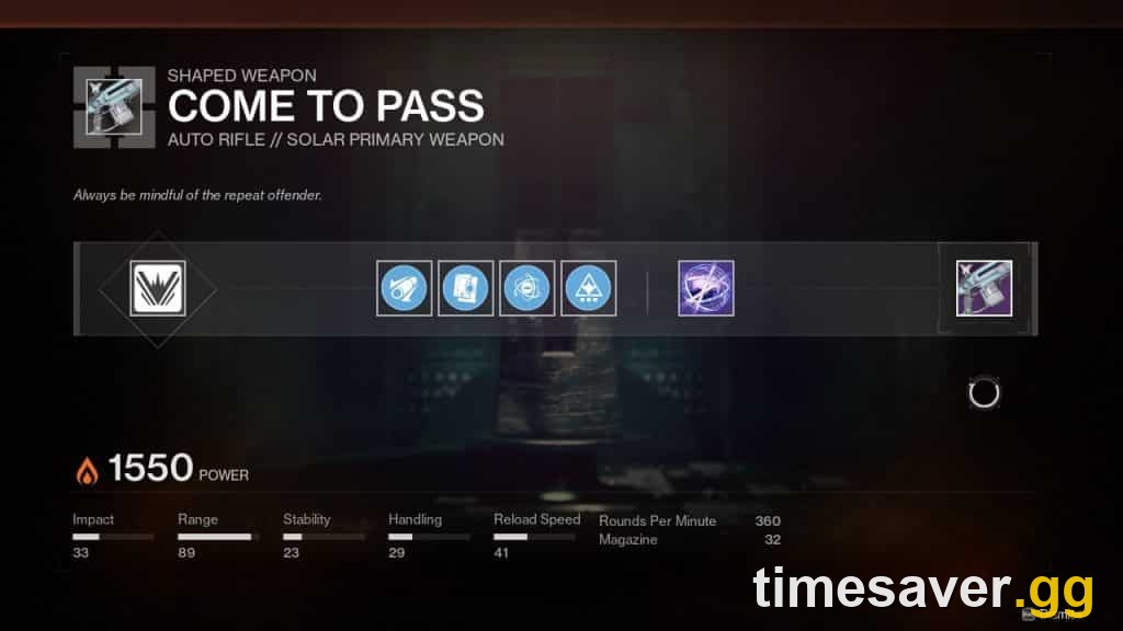 The Destiny 2 Enclave weapon-shaping screen for a shaped weapon, where Ascendant Alloy unlocks Enhanced traits