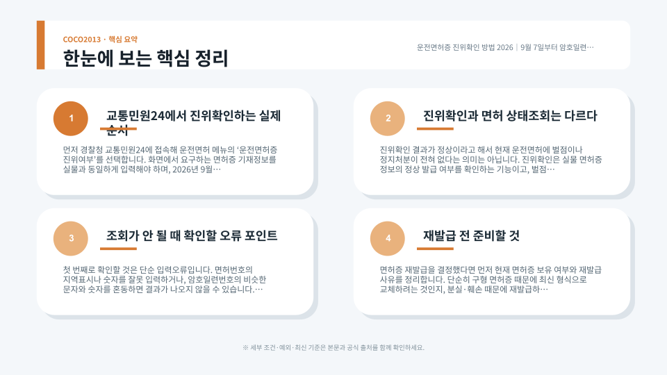 운전면허증의 암호일련번호 위치와 구형 면허증 재발급 방법, 시험장과 경찰서 처리기간 차이를 정리한 이미지