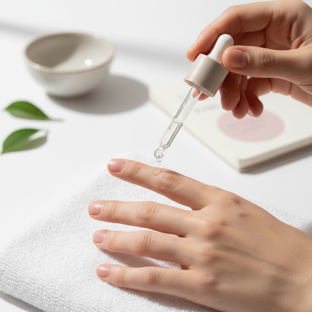 Nahaufnahme von Händen auf weißem Handtuch, Tropfer trägt Nagelhautöl auf Nagelbett auf, minimalistische Pastellakzente #f57fb6, Magnesium und Nägel