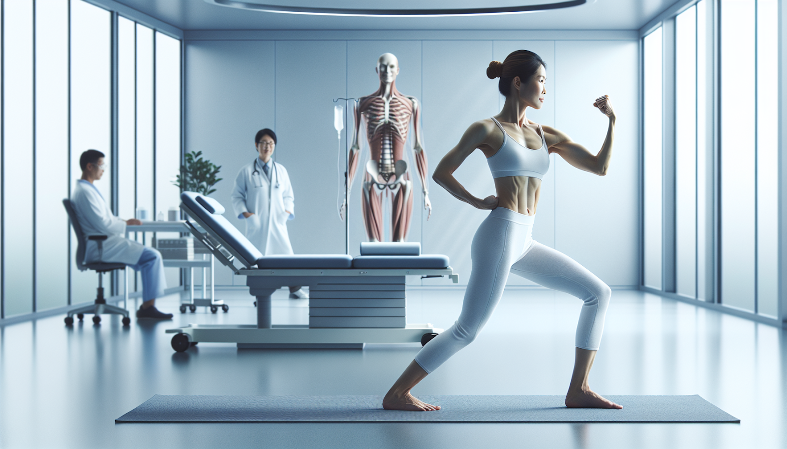 Middle-aged woman practicing Pilates core strengthening exercises in a bright fitness studio, demonstrating proper form for safe exercise after 50