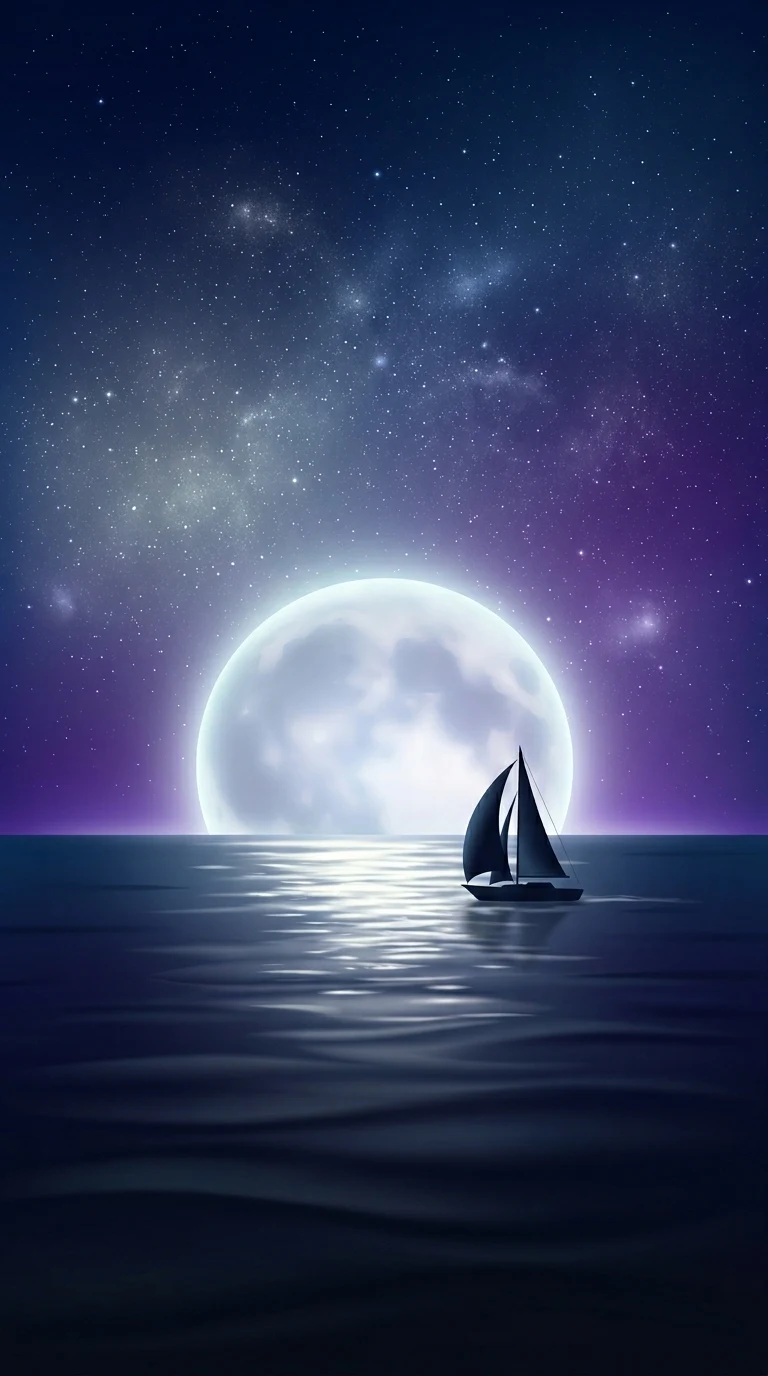 Minimalist Dreamlike Ocean with Colossal Moon and Sailboat - Free 4K mobile Wallpaper