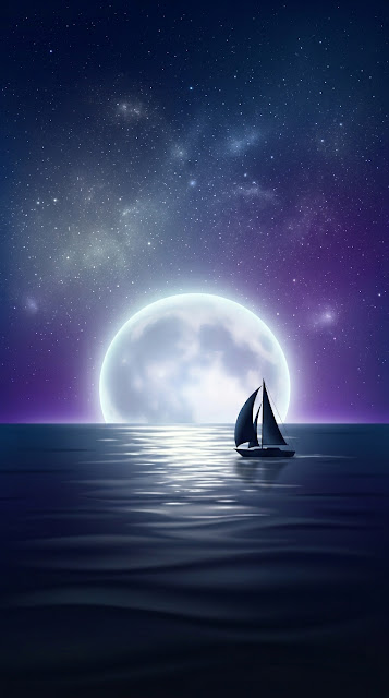 Minimalist Dreamlike Ocean with Colossal Moon and Sailboat - Free mobile Wallpaper