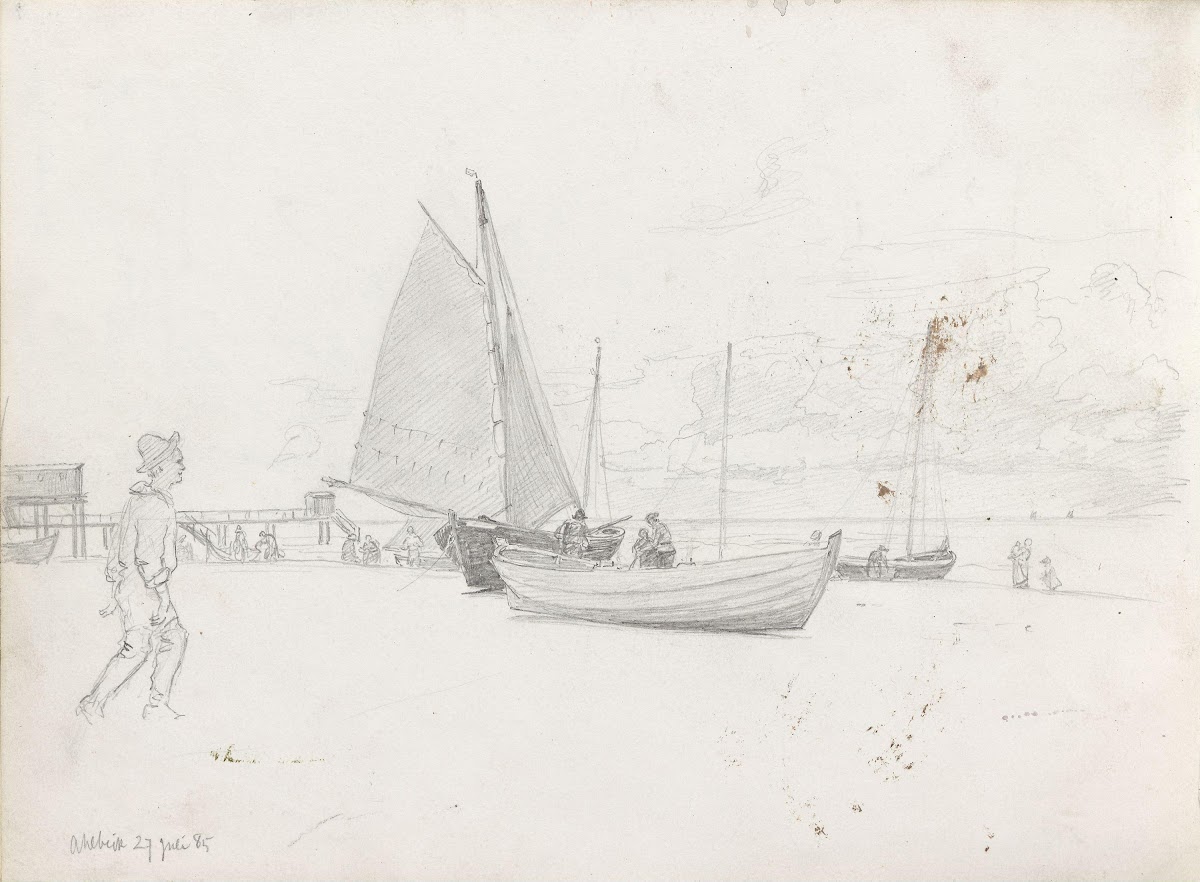 Figurer og båter på stranden Ahlbeck 1885