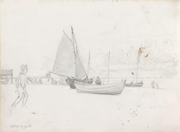 Figurer og båter på stranden Ahlbeck 1885