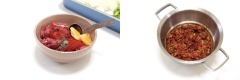 Củ cải gọt vỏ thái lát, ớt và gốc hành thái lát. Giá đỗ rửa sạch để ráo. Thịt bò thái miếng vừa ăn, cho phần gia vị ướp thịt bò vào trộn đều. Đun nóng một ít dầu ăn trong nồi, cho thịt bò đã ướp vào xào săn.