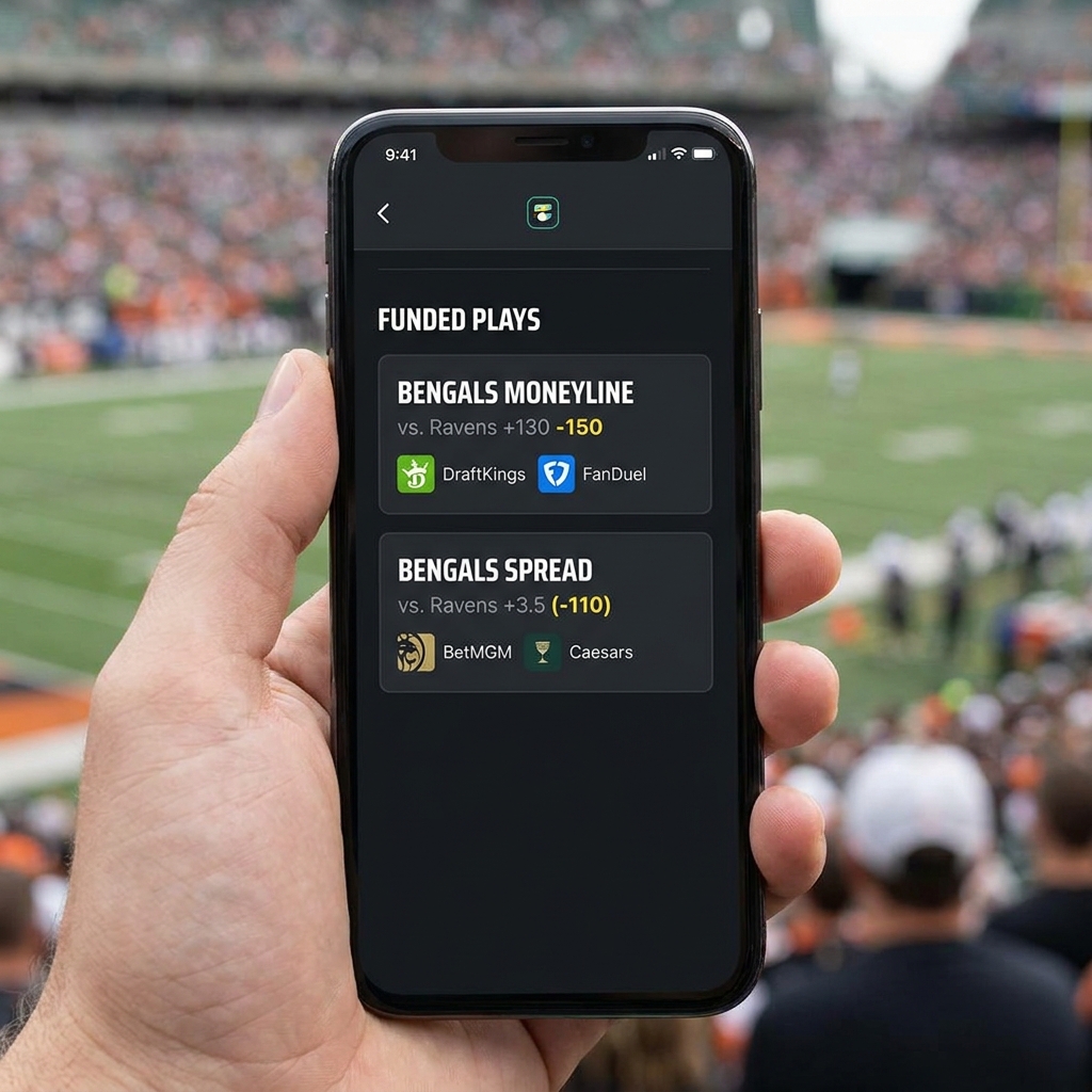 Close up smartphone screen showing odds aggregator with bengals odds moneyline and spread in a clean Funded Plays style with blurred stadium background and minimalist dark brand colors
