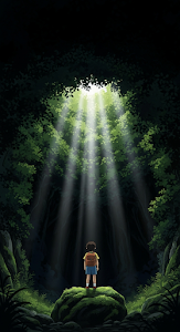 Anime Boy with Backpack Looking at Sunbeam in Dark Cave or Forest Illustration