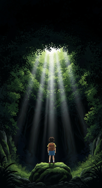 Anime Boy with Backpack Looking at Sunbeam in Dark Cave or Forest Illustration - Free mobile Wallpaper