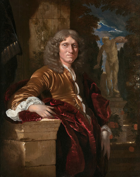 Portrait dun gentilhomme accoudé à un piédestal devant un parc