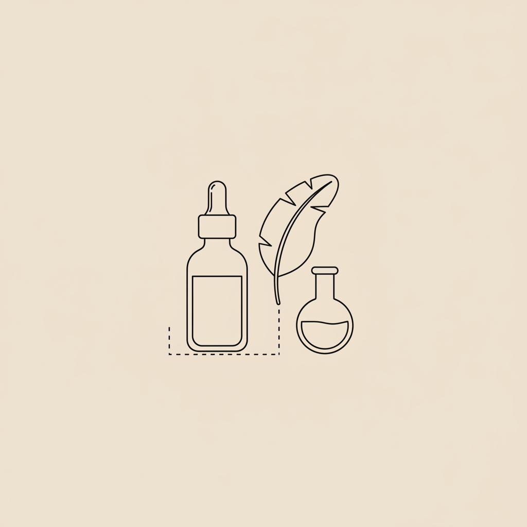 Minimalist Tonum-style line illustration of a dropper bottle, leaf, and lab flask on a beige background, suggesting alpha-lipoic acid natural-to-lab bridge.