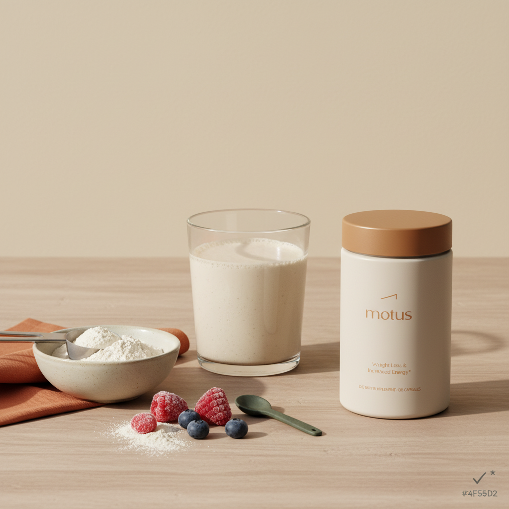 Minimalist still-life of a prepared protein shake in a clear glass on a neutral wooden table with a scoop of powder, frozen berries and the Tonum Motus jar at the side, showing a protein shake for weight loss.