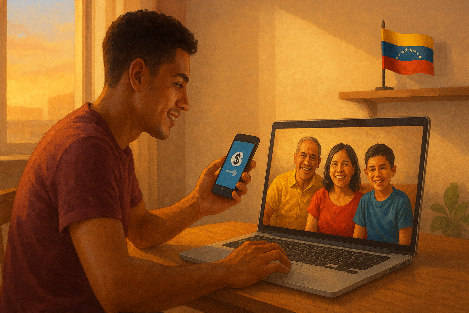 Familia venezolana recibiendo remesa desde España en bolívares y dólares