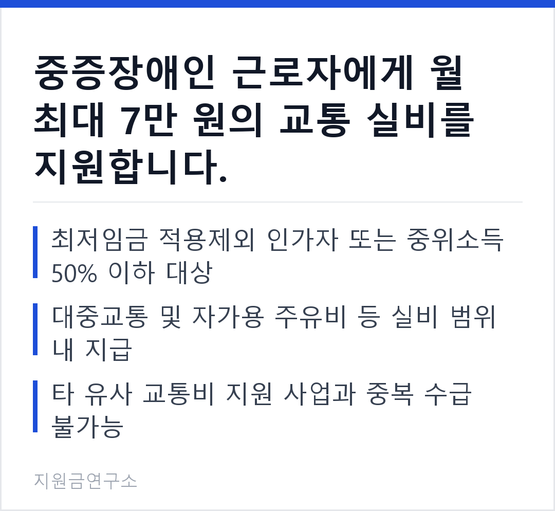 중증장애인 근로자에게 월 최대 7만 원의 교통 실비를 지원합니다. 최저임금 적용제외 인가자 또는 중위소득 50% 이하 대상 대중교통 및 자가용 주유비 등 실비 범위 내 지급