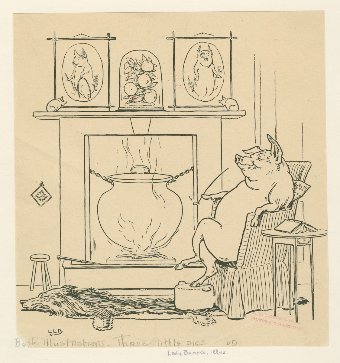 Pig sits by the fire on the wolf rug 1904