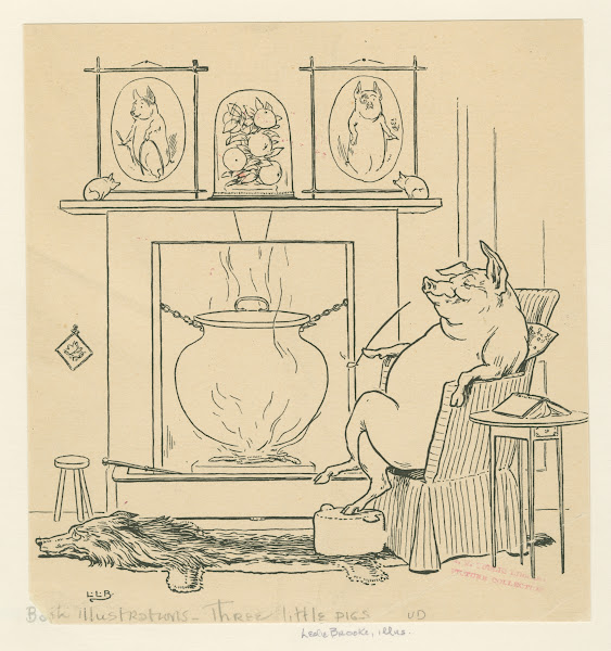 Pig sits by the fire on the wolf rug 1904
