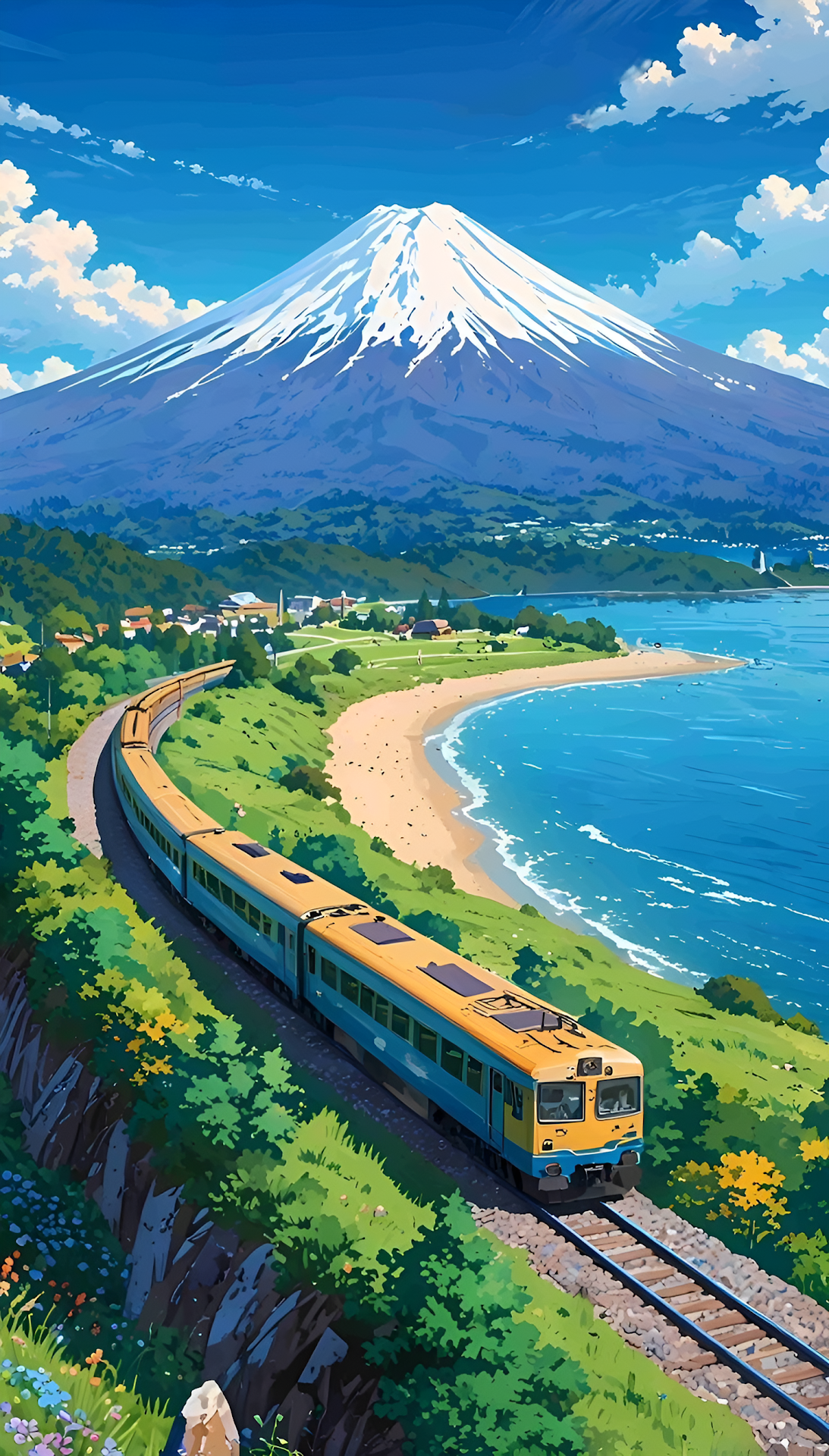 Mount Fuji Train Journey Illustration, Serene Japanese Coastline - Free 4K mobile Wallpaper