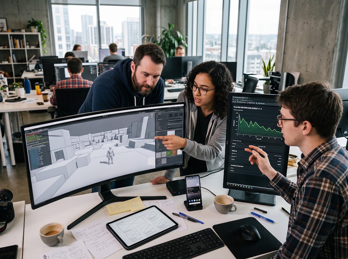 Three game developers reviewing a greybox prototype with debug overlays and retention metrics on dual monitors in a modern studio with natural window light.