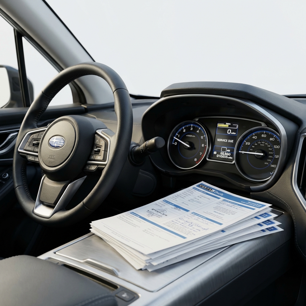 Close up of Subaru Forester dashboard and odometer with service log documents beside steering wheel showing vehicle history and maintenance records subaru forester for sale clean white background blue accents