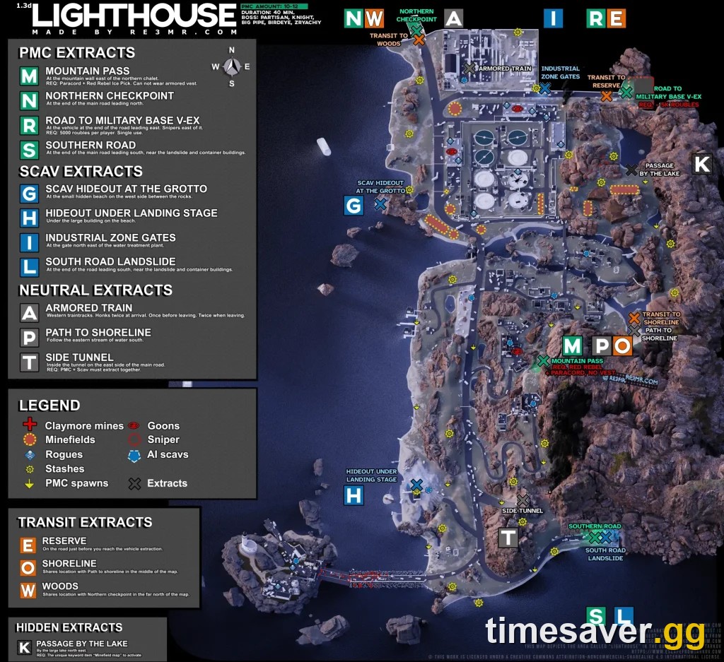 Annotated 3D Escape from Tarkov Lighthouse map showing extracts, transit points and Rogue locations