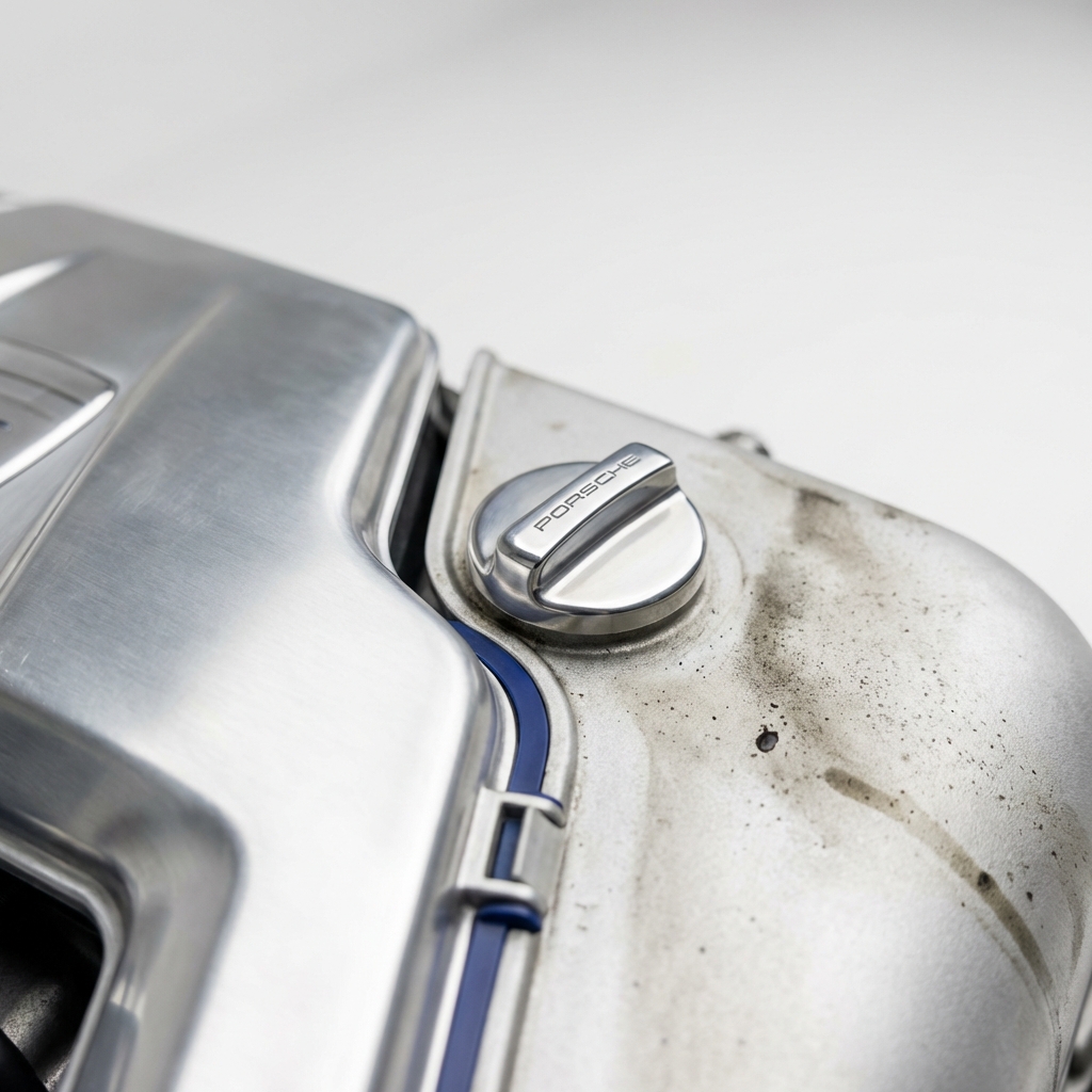 Close up full frame shot of a Porsche engine bay focused on the oil filler cap and clean versus dirty surfaces showing where to check oil level and smell porsche cayman for sale