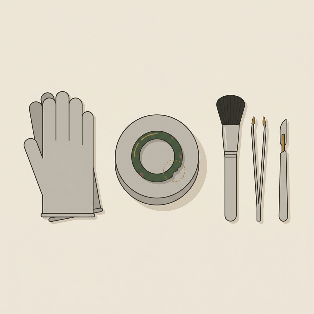 Minimal 2D vector of a conservator bench with an ancient jade ring on a padded support beside gloves and conservation tools with subtle condition assessment marks
