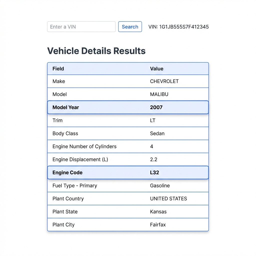 kelley blue book vin lookup style screenshot of NHTSA vPIC decoder results page highlighting model year and engine code on a minimalist white layout