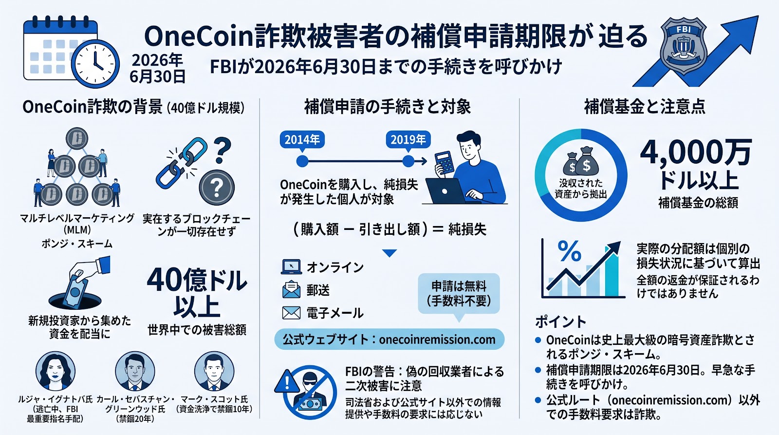 OneCoin詐欺被害者への補償申請期限が迫る、FBIが2026年6月30日までの手続きを呼びかけ
