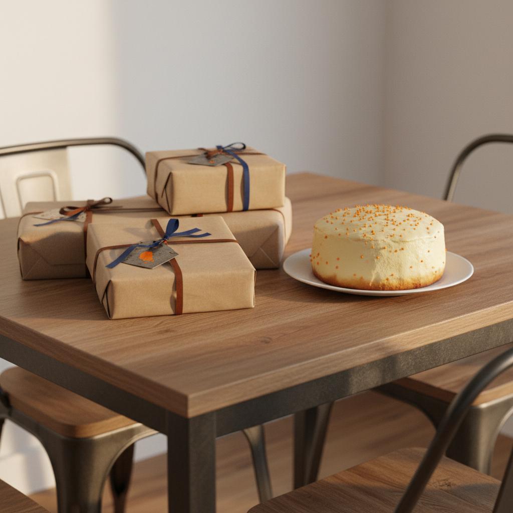 Intime Esstischszene mit Geschenken und einfachem Vanillekuchen, Fokus auf Metall-Anhänger und Lederbänder, authentischer industrieller Charme, geschenke für handwerker ideen