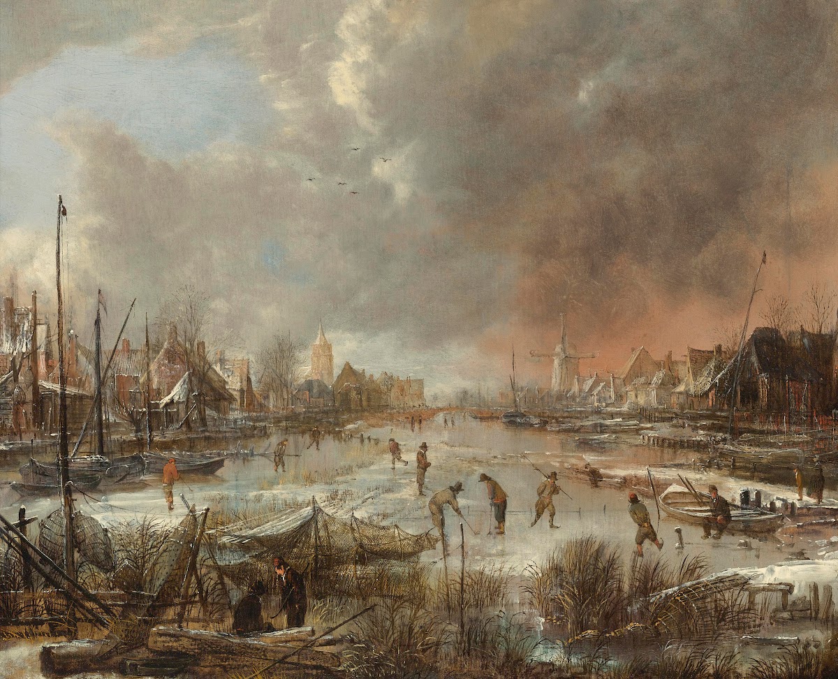 Winter landscape with sportsmen on a frozen river