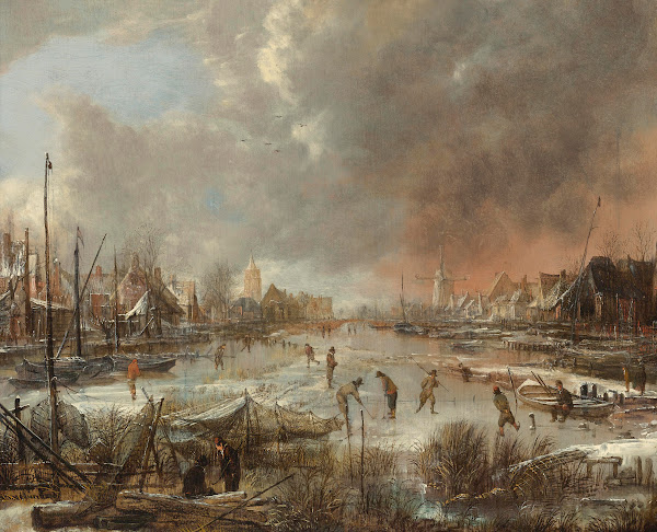 Winter landscape with sportsmen on a frozen river