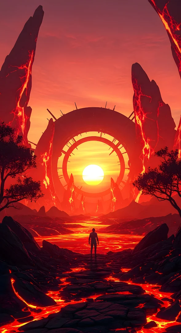 Apocalyptic Lava Landscape with Portal and Lone Figure