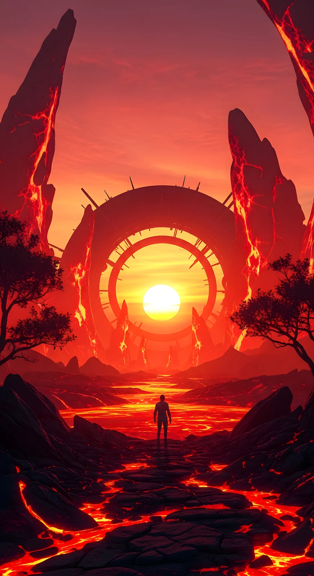 Apocalyptic Lava Landscape with Portal and Lone Figure - Free 4K mobile Wallpaper