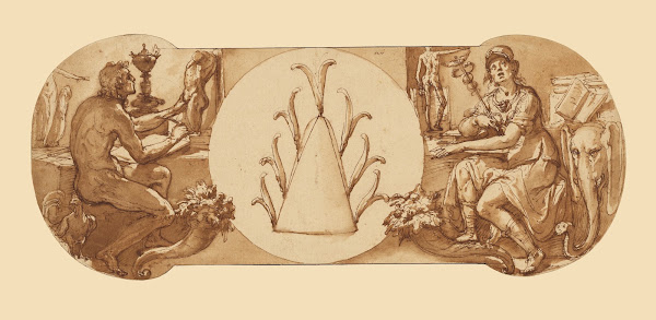 Allegories of Study and Intelligence Flanking the Zuccaro Emblem 1595