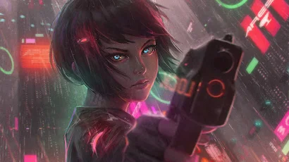 Guweiz, Cyberpunk, Gun, Artwork, Pistol 4K Wallpaper Background