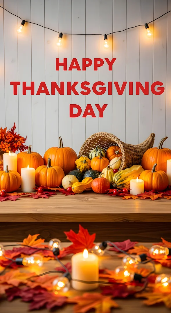Happy Thanksgiving Day Cornucopia Pumpkins Candles